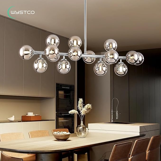 16-Light Globe Sputnik Chandelier, Mid Century Modern Light Fixture Over Table, Chrome Silver Linear Chandeliers for Dining Room and Kitchen Island (Smoke Grey Glass Bubble Shades, 40 Inch)