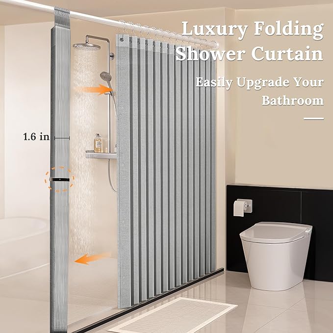 South to East Waterproof Shower Curtain, Heavy Duty Magnetic Folding Linen Shower Curtain, Non-Toxic, 72x80 Magnetic Fabric Bathroom Curtain Sets, Grey
