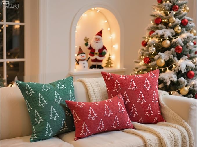 2 Pack Chenille Christmas Pillow Covers 12x20, Red Double-Sided Snowflake & Christmas Tree, Cozy Farmhouse Holiday Cushion Case, Decorative Throw Pillowcase for Sofa Couch Bed(Red,12x20)