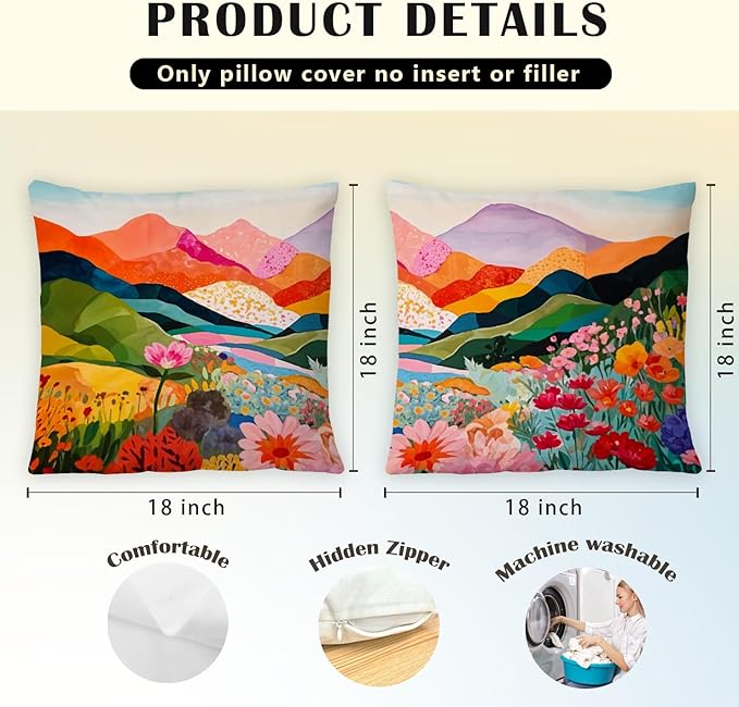 JINYO Abstract Mountain Pillow Covers 18x18 Set of 2, Abstract Mountain Floral Pillow Cases Watercolor Landscape Decorative for Home Bedroom Living Room Office Decor, Vintage Western Decor