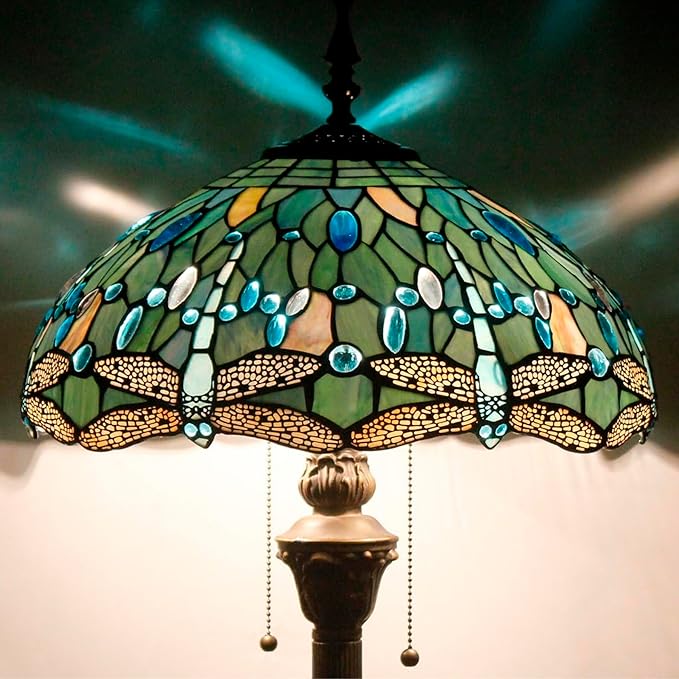 WERFACTORY Tiffany Floor Lamp Sea Blue Stained Glass Dragonfly Standing Reading Light 16X16X64 Inches Antique Pole Corner Lamp Decor Bedroom Living Room Home Office S147 Series