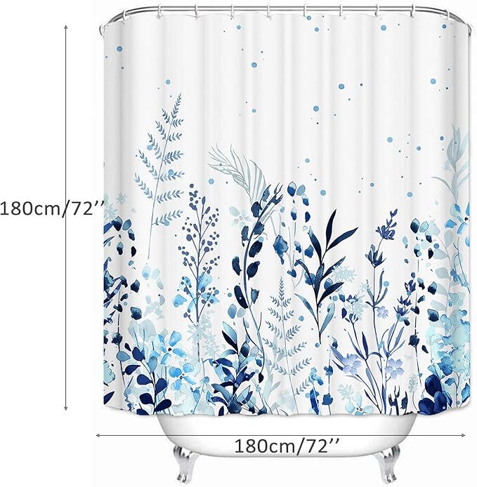 Shower Curtain, Fabric Shower Curtain Botanical Shower Curtain Blue, Hooks Hotel Shower Curtains for Bathroom with 12 Hooks Waterproof Shower Curtain Liner (72" x 72")