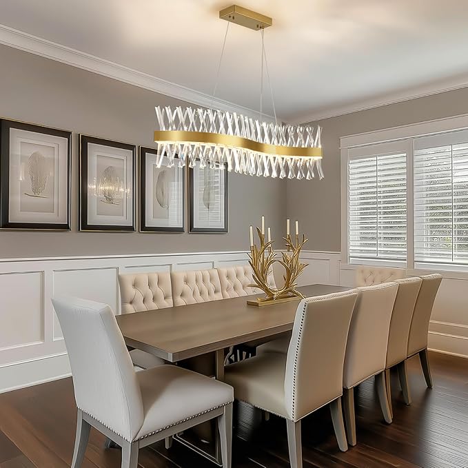 Modern Crystal Chandeliers, Luxurious S-Shape Chandeliers for Dining Room Over Table, L40 Gold Rectangular Dining Room Chandelier, Linear Kitchen Island Lighting, Dimmable Ceiling Light Fixture
