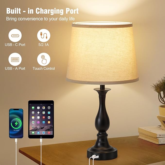 Bedside Table Lamp Touch Control Bedroom Lamps with USB-C USB-A Charging Port 3 Way Dimmable Touch Lamps for Nightstand Living Room Bedroom Dorm Home Office Reading, Set of 2