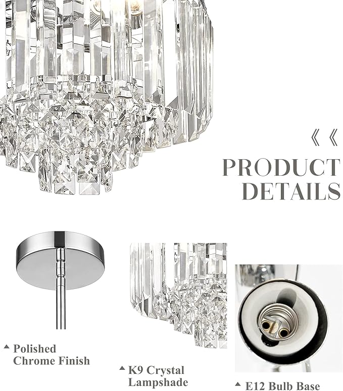 Crystal Chandelier, 4-Tier Modern Chandelier with Polished Chrome Finish, Pendant Light for Dinning Room Kitchen Island Bedroom Entryway, CC4215-3W-PC