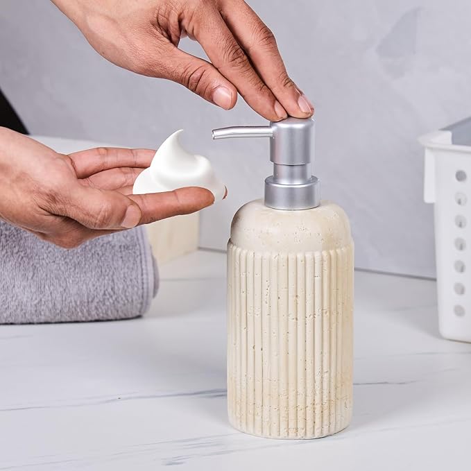 2Pcs Beige Natural Travertine Textures Hand Soap Dispenser Set, Small Bathroom Countertop Resin Liquid Soap Dispensers, Kitchen Dish Wash Soap Dispensers,Refillable Dispenser with Vertical Stripe
