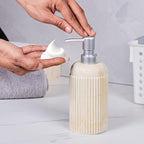 2Pcs Beige Natural Travertine Textures Hand Soap Dispenser Set, Small Bathroom Countertop Resin Liquid Soap Dispensers, Kitchen Dish Wash Soap Dispensers,Refillable Dispenser with Vertical Stripe