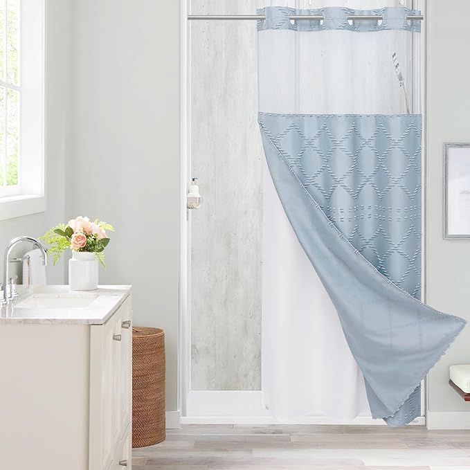 Boho FogBlue Woven Fabric Shower Curtain with 36 x 74 Modern Farmhouse, No Hooks Tufted Chevron Striped Shabby Chic Textured, Minimalist Cloth Curtain for Bathroom, Hotel Decor