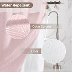 no Hook Shower Curtain and Liner Set，Boho Style with See Through Top Window, Pink Fabric Tufted Striped Textured Outer Curtain & Waterproof Inner Liner, Pink, 71Wx74H