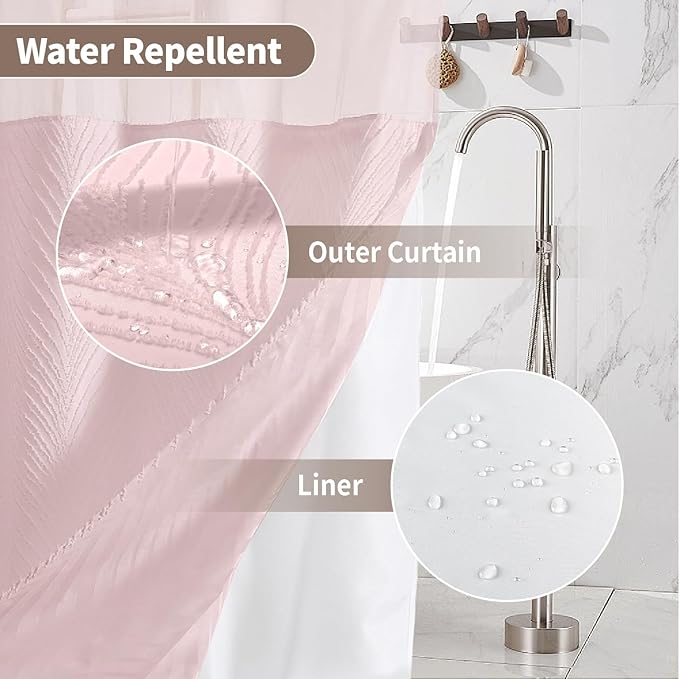 stall no Hook Tufted Shower Curtain with snap in Liner Set, White Waterproof Fabric Inner Liner,Boho Style Shower Curtain with See Through top Window, Pink, 54Wx80H