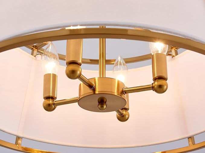 Shrine Lighting Drum Chandeliers, Modern Style, Perfect Pendant Light Fixture for Dining Room, Living Room, D20'' x H9'', Adjustable Chains 59'', E12*4 Sockets, White Lampshade & Brass Finish Frame