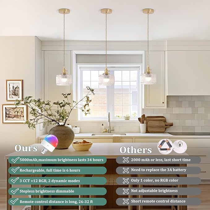 Battery Operated Pendant Light 5000mAh Rechargeable Chandelier with Remote Control Wireless Adjustable Hanging Clear Striped Light for Kitchen Island Dining Room Hallway