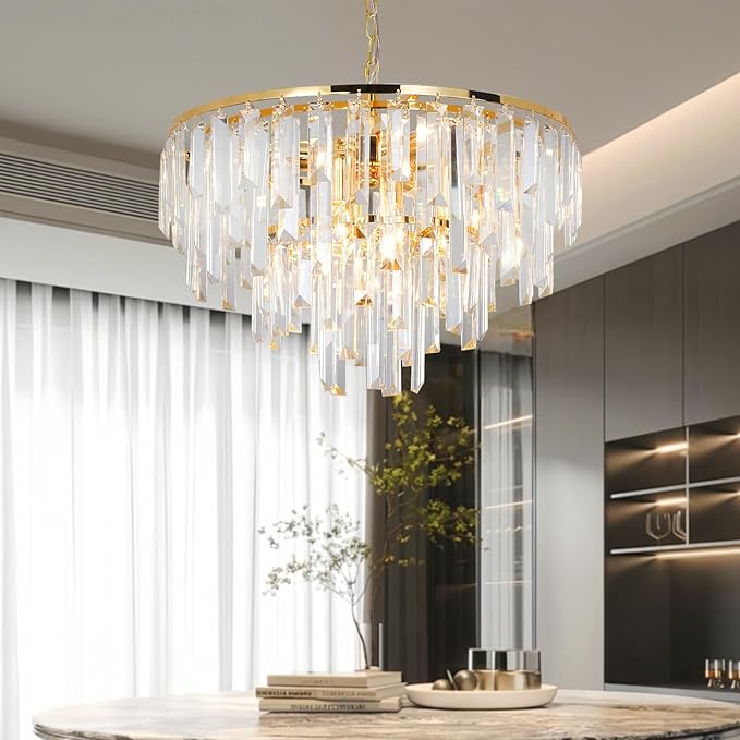 Gold Crystal Chandeliers Modern Contemporary Round Dining Room Chandelier 4-Tier 6 Lights Dimmable Top K9 Luxury Ceiling Hanging Pendant Light Fixture for Living Room Bedroom Foyer 18"