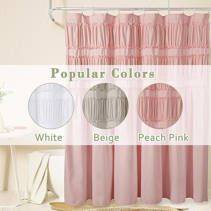 Ruched Ruffled Shower Curtain 72" W x 72" H, Peach Pink Microfiber Rustic Decorative Bath Curtain for Bathroom, Farmhouse and Boho Bathroom Décor, Machine Washable (LQ-38)