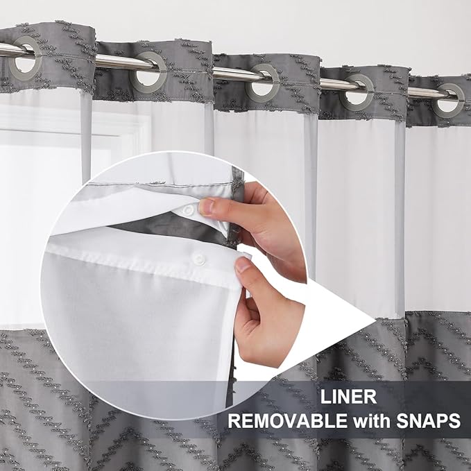 No Hook Shower Curtain Liner Set, Snap in Hookless Shower Curtain with Tassels, Ringless Chevron Tufted Fabric Boho Bathroom Curtains, Mesh Top Window Hotel Style Bath Curtains 74" x 71", Grey