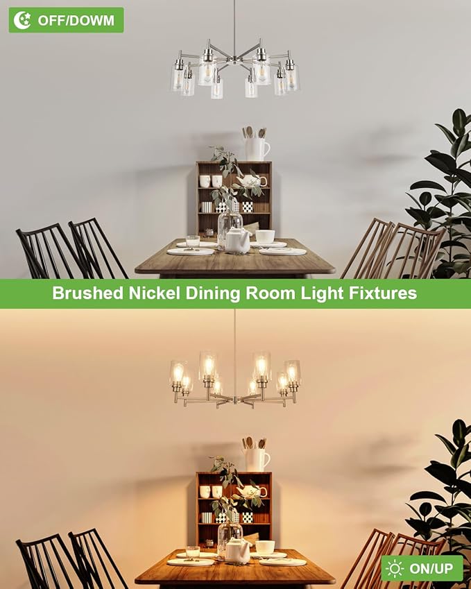 Brushed Nickel Chandeliers for Dining Room, Farmhouse Chandeliers Light Fixture with Clear Glass Shades 8 Light Dining Room Light Fixtures Pendant Lights for Kitchen Island Living Room