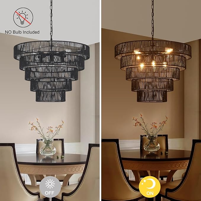 25.6" Large Black Rattan Chandelier Farmhouse 8-Lights Boho Hand Woven Bamboo Black Chandeliers Light Fixture Rustic Drum Wicker Chandelier for Dining Room, Kitchen, Living Room, Bedroom, E12