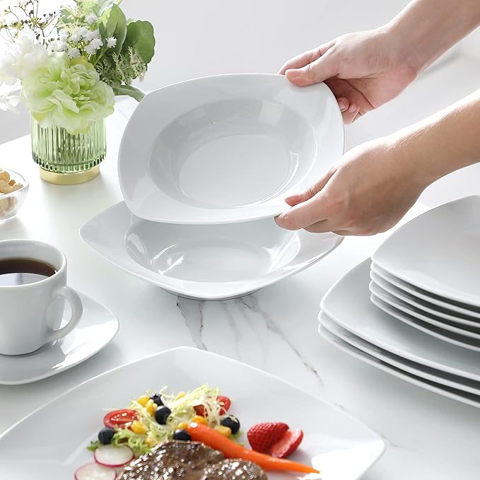 MALACASA Dinnerware Sets, 30-Piece Porcelain Gray White Dinnerware Set Microwave Safe, Square Dish Set with Plates and Bowls Sets, Mugs and Saucers Set for 6, Series Julia