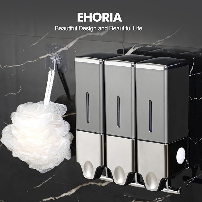3-in-1 Quadrate Dispensers for The Shower,Shower soap Dispenser,Conditioner Dispenser, Shampoo Dispenser,No Drilled Wall Mounted Distributor,Hotel,Bathroom,Home (Triple, Grey)