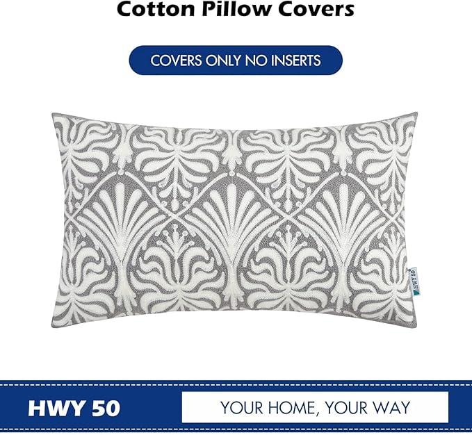 HWY 50 Grey Gray Decorative Lumbar Pillow Cover Rectangle 12x20 Inch (1 Piece), Embroidered Cotton Farmhouse Cushion Cover Pillow Case for Sofa Couch Living Room Bed, Minimalist Floral