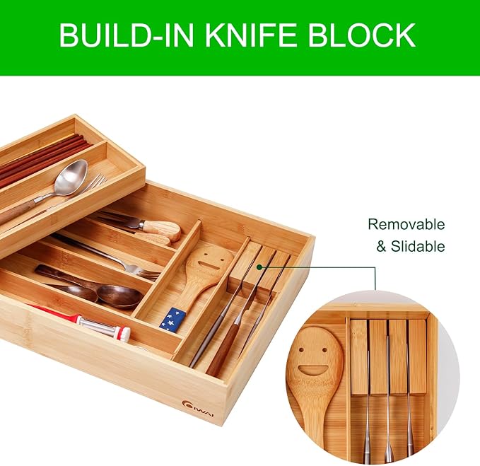 Double Layer Bamboo Kitchen Drawer Organizer Cutlery Utensil Silverware Drawer Organizer, Large Silverware Tray for Drawer Removable Utensil Holder Flatware Organizer Multi-use Storage Box