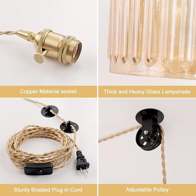 Plug in Pendant Light Hanging Light Fixture Corded On/Off Switch Brass Pendant Light with Amber Striped Glass Lampshade for Bedroom Living Room Kitchen Island