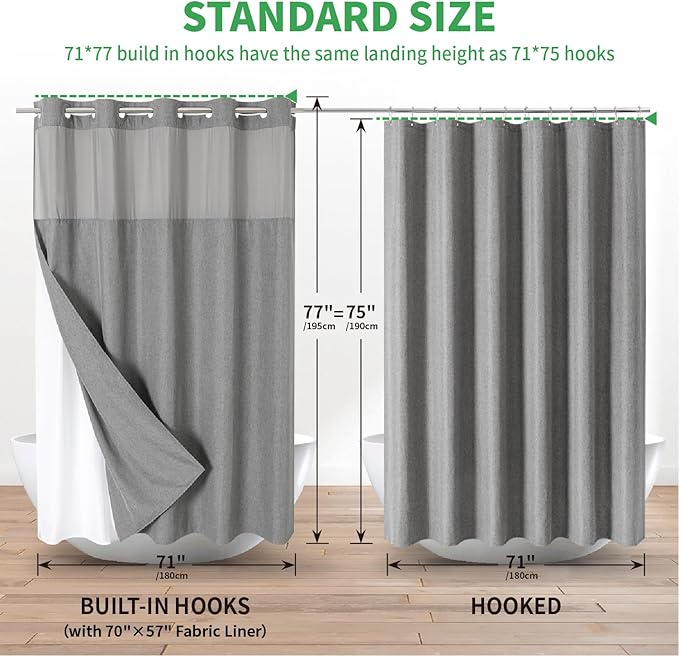 No Hooks Needed Linen Textured Shower Curtain with Snap-in Fabric Liner Set,Grey Hotel Luxury Decor Shower Curtains for Bathroom,Waterproof & Washable,71Wx77H