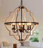 Q&S Rustic Antique Orb Chandelier Farmhouse Vintage 6-Lights Oak White Hanging Ceiling Light Fixtures for Foyer Dining Room Kitchen Living Room