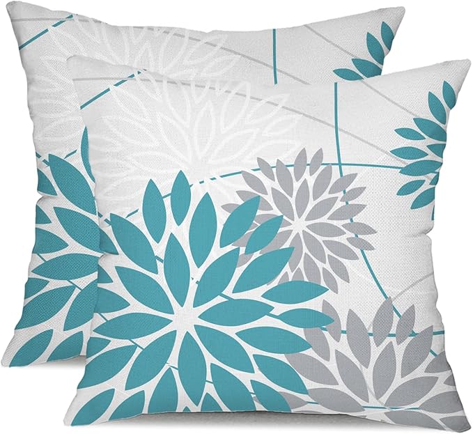 Blue and Grey Floral Pillow Covers 16x16 Set of 2 Outdoor Waterproof Decorative Throw Pillows Summer Pillow Covers Polyester Cushion Case Decor for Couch Patio Funiture Garden Porch 011A16