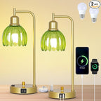Vintage Table Lamp with USB Port and Outlet Set of 2, Green Glass Bedside Table Lamp For Bedroom, Retro Desk Lamps For Home Office, Mid Century Modern Small Night Stand Lamps, Gold Rustic Desk Light