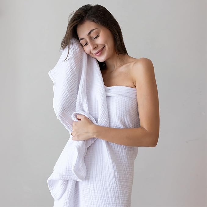 Ultra Soft Muslin Towel Adult Set, 100% Turkish Cotton 4-Layer 2 Pieces Luxury Muslin Hand & Bath Towels Sets for Bathroom (White, 1 Bath & 1 Hand Towel Set)