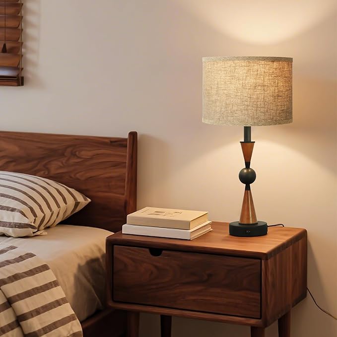 23'' Modern Table Lamps Set of 2 - Farmhouse Bedside Lamps for Bedroom with USB A+C, Wooden Lamps for Night Stands, Lamp for Living Room End Tables