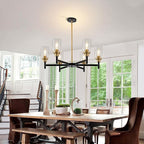 6 Light Dining Room Light Fixture Black & Brushed Brass Gold Farmhouse Chandelier Over Table Modern Hanging Pendant Lighting for Living Room Foyer Kitchen Adjustable Height E26 Socket