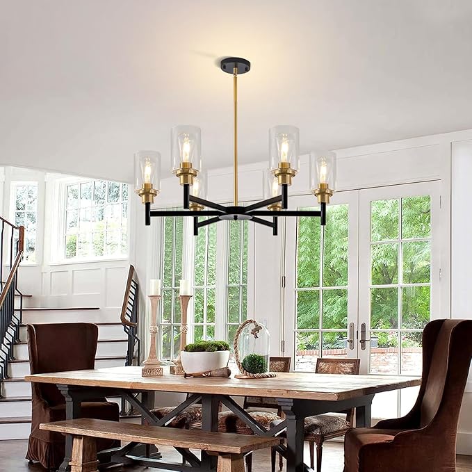 6 Light Dining Room Light Fixture Black & Brushed Brass Gold Farmhouse Chandelier Over Table Modern Hanging Pendant Lighting for Living Room Foyer Kitchen Adjustable Height E26 Socket