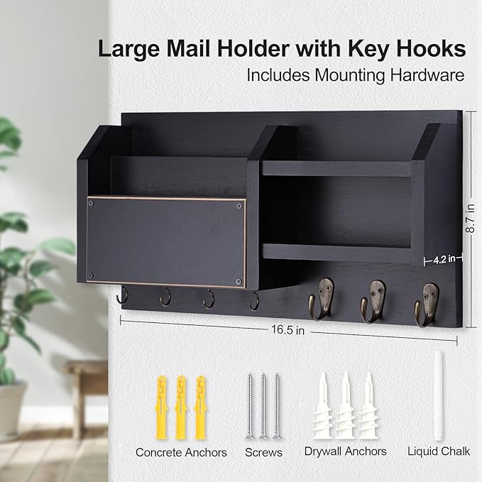 Mail and Key Holder – Wall Mount Key Hanger with Shelf and 7 Metal Hooks – Decorative Natural Paulownia Wood Entryway Organizer with Mounting Hardware (16.5”W x 8.7”H x 3.5”D) (Black)