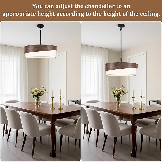 21.5'' Farmhouse Chandeliers for Dining Room Light Fixtures 5-Light Wood Grain Finish Drum Chandelier with Fabric Shade Round Rustic Pendant Lighting for Foyer Bedroom Living Room Kitchen，E26