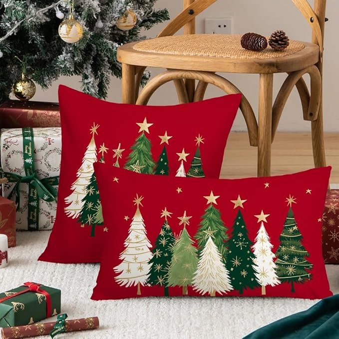 AACORS Christmas Pillow Cover 12X20 Inch Watercolor Christmas Tree Stars Decoration Holiday Farmhouse Winter Pillow Case for Sofa Couch Decor（Red） AA231-12-N