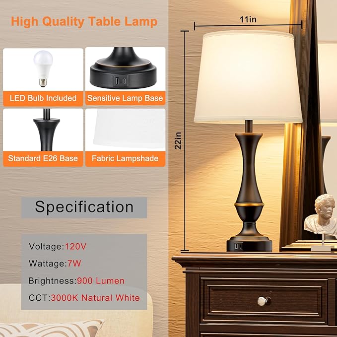 Upgraded Touch Lamps for Bedrooms Set of 2 - Nightstand Table Lamp with USB C+A, 3 Way Dimmable Lamps for Living Room, Office(White)