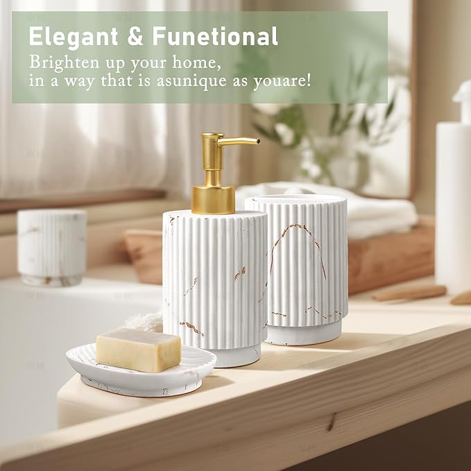 Bathroom Accessories Set 4 Pcs-Toothbrush Holders Set, Soap Dispenser, Cotton Swab Jars, Vanity Tray, Bathroom Organizer for Modern Bathrooms Decor, Gift for Home Apartment