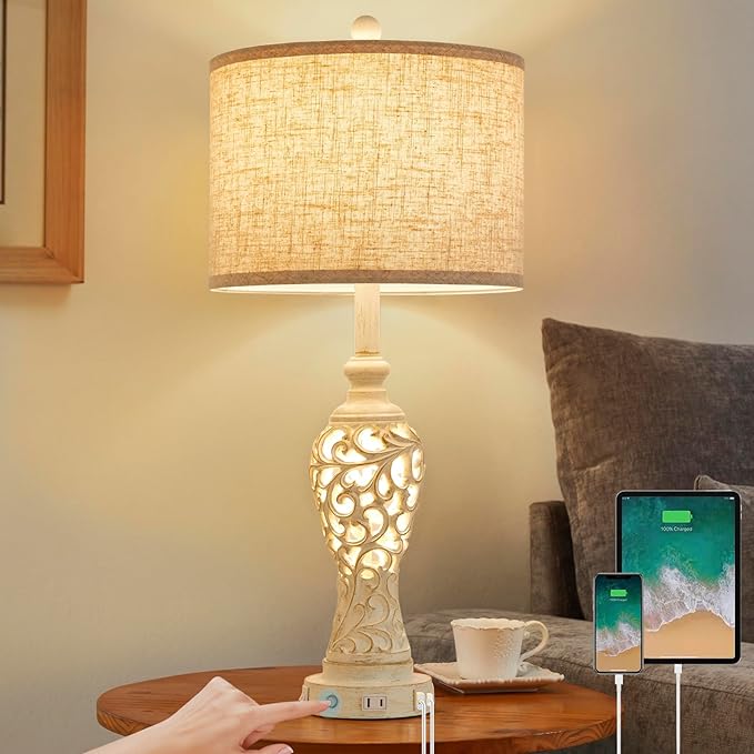 26" Single Farmhouse Table Lamp - 2 USB A+C 3-Way Dimmable Touch Lamps with Nightlight for Living Room Bedroom Lamp Bedside Nightstand Lamps