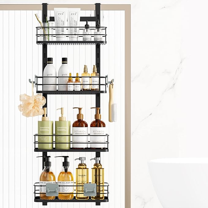 Orimade Adjustable Hanging Over the Shower Door Caddy,Bathroom Organizer Shelf Storage with 4 Hooks for Razor,No Drilling Rustproof Shower Rack Basket, 4 Tier, Matt Black