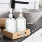 Glass Soap Dispenser with Plastic Pump, Hand Soap Dispenser for Hand Wash, Lotion Dispenser for Dishwashing Liquid, Lotion Shower Gel (Striped Transparent)