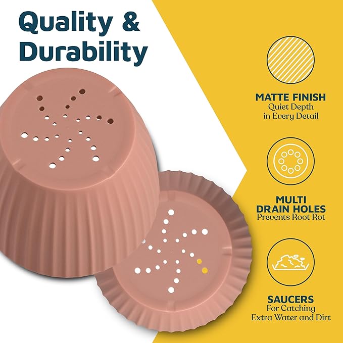 Pink 6-Inch Plant Pots with Drainage & Saucers 24 Pack, Indoor & Outdoor Planters for Houseplants, Herbs, and Flowers, Durable & Weatherproof Material, Stackable, Lightweight, Minimalist Design