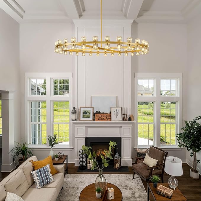 Modern 60 inch Gold Round Chandelier, Extra Large Chandeliers Crystal Chandeliers for Living Room, Large Wagon Wheel Chandelier for Foyer, Staircase, Entrance,Includes Bulb