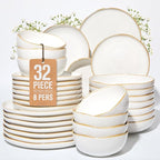32 Piece White Dinnerware Set with Pasta Bowls, Reactive Glaze Stoneware for 8 | Perfect for Multi‑Course Dinners, Hosting Large Groups, Holiday Serving Needs
