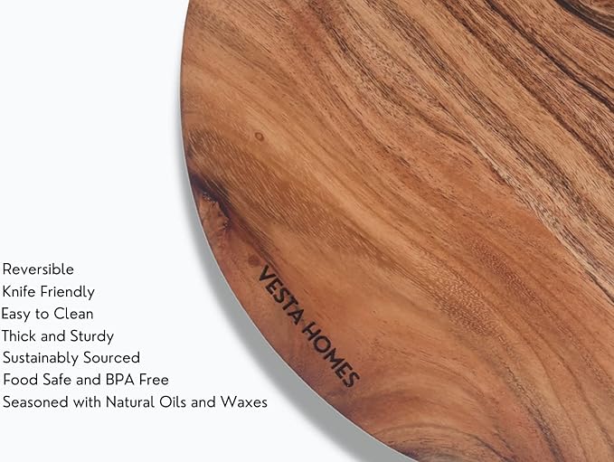 Vesta Homes Wooden Round Cutting Board/Chopping, Serving Board, Platter for Vegetables, Fruits, Cheese, Pizza and Charcuterie | Natural Acacia Wood | 11.5*11.5 Inches | Handcrafted in India