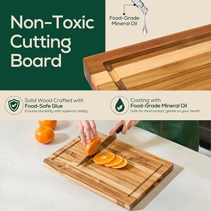 Non-Toxic Teak Wood Cutting Board & Serving Board, Pre-Oiled Edge Grain with Juice Groove and Handles, Knife Friendly, Food Grade Mineral Oil Coating (S 14" x 10" x 1", 3.75 lbs)