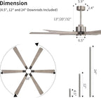 68 Inch Ceiling Fan with Lights and Remote Control, 6 Reversible ABS Blades, 6-Speed Noiseless DC Motor with 4.5" / 12" / 24" Downrods for Bedroom Dining Living Room, Antique Nickel and Gray
