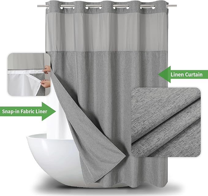 No Hooks Needed Linen Textured Shower Curtain with Snap-in Fabric Liner Set,Hotel Luxury Decor Shower Curtains for Bathroom with See Through Top Window,Waterproof & Washable,71Wx74H,Gray
