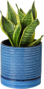 Hasense Ceramic Plant Pots Indoor Outdoor, 6 Inch Pot for Plants with Drainage Hole and Saucer, Blue Modern Planter for Housewarming
